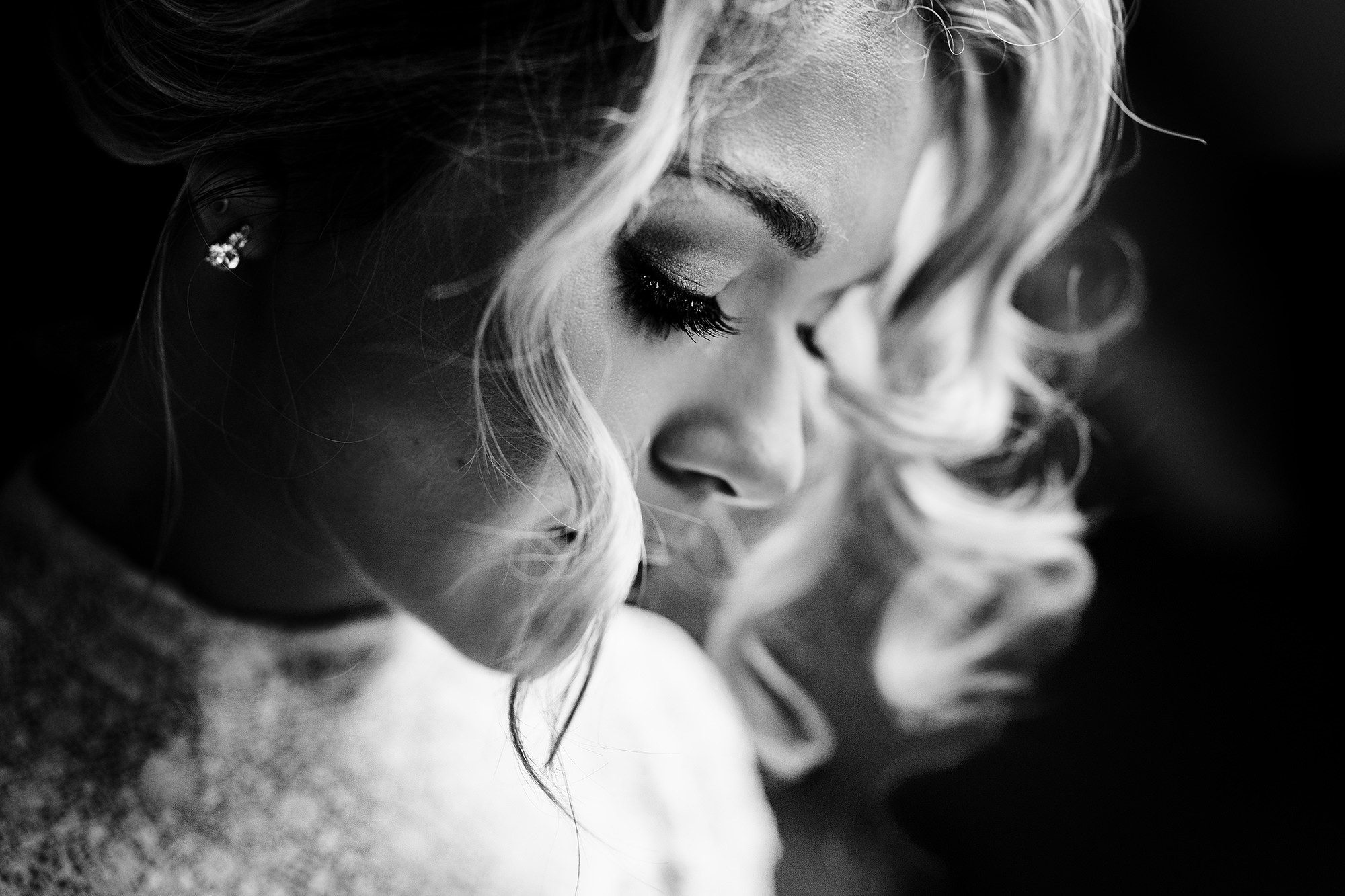 Close up bridal portrait with soft natural light and elegant shadow