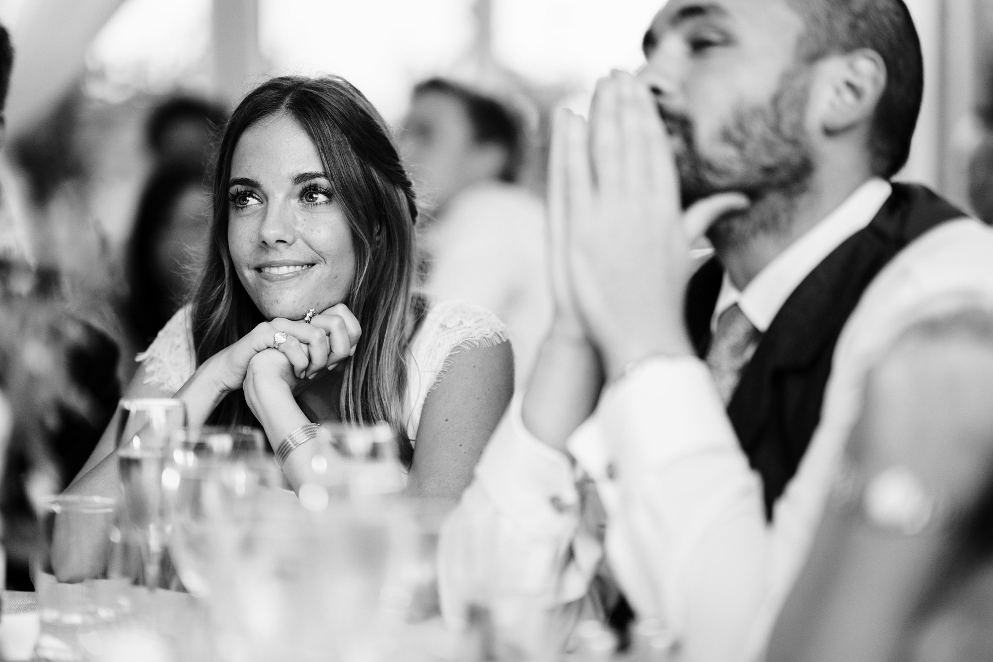 Cotswolds wedding speeches with bridesmaid watching on emotionally