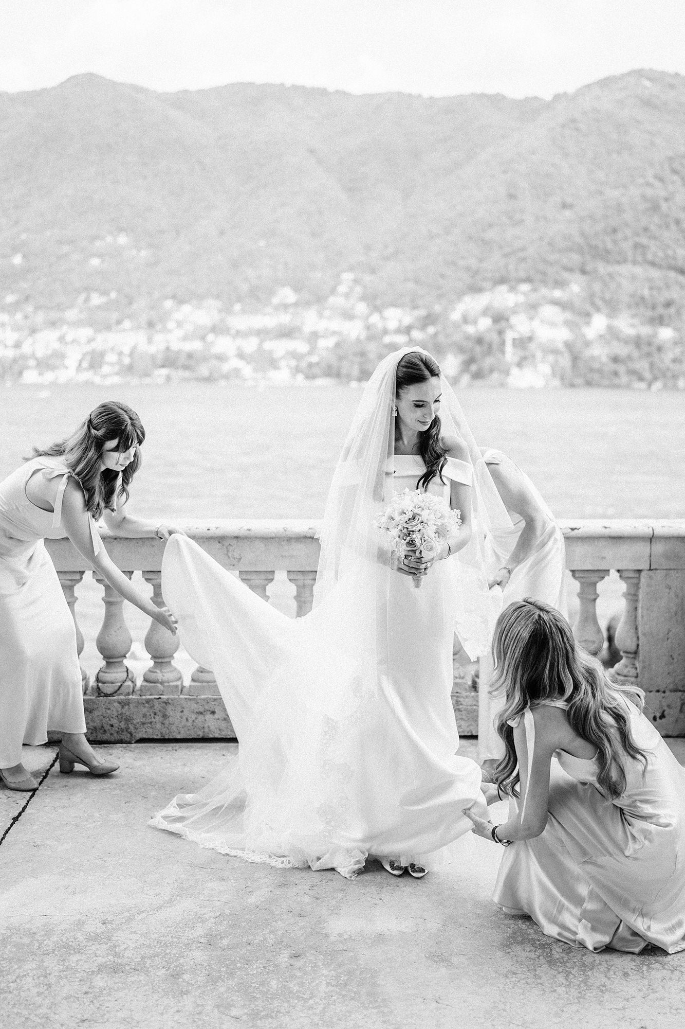 Bride and groom during the outdoor ceremony at Villa Erba on Lake Como